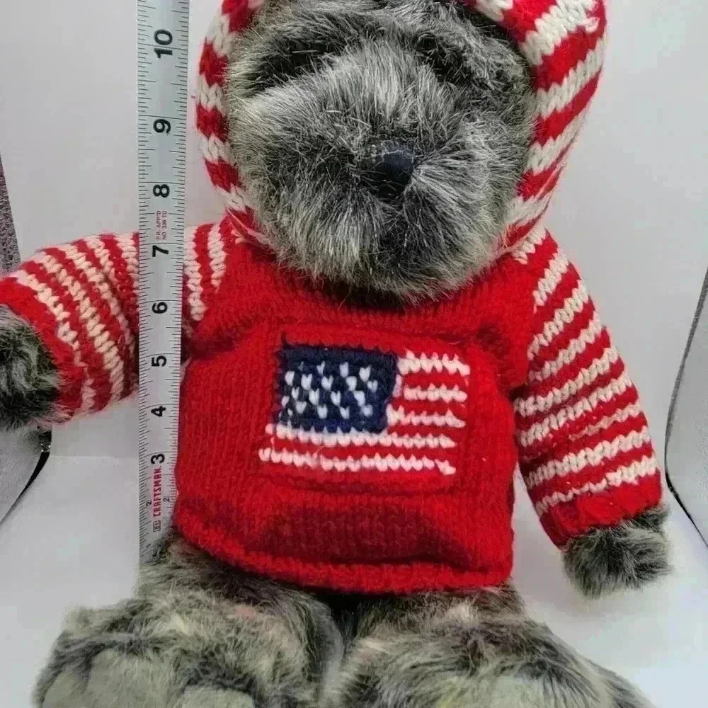 Dillars Grey Teddy Bear Patriotic USA Knitted Sweater Hoodie Soft Faux Fur